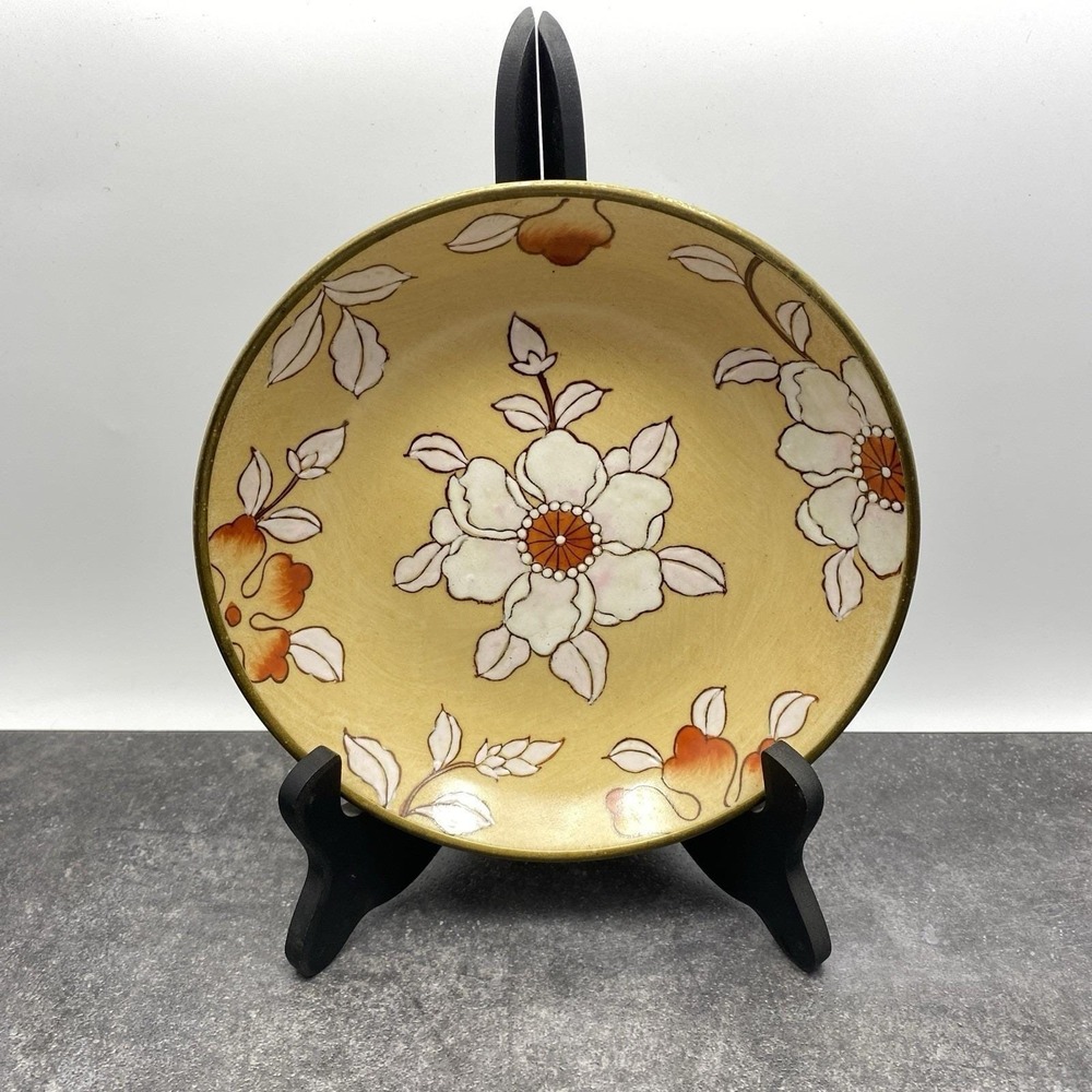 Vintage Crowning Touch Enamel Brass Rim Bowl Floral Asian Hong Kong 7.5"‎